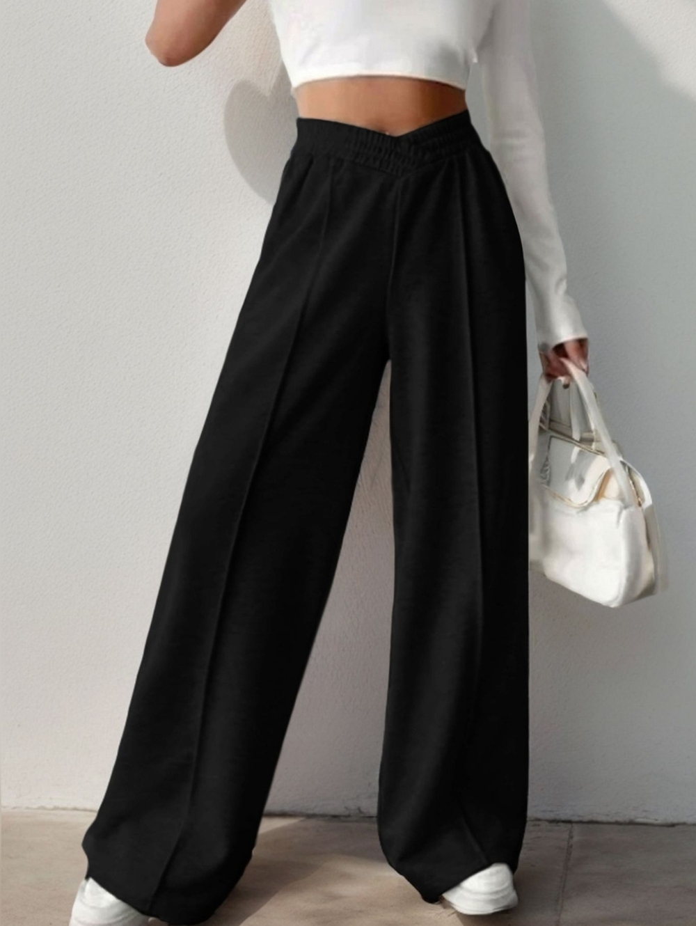 Black Wide-Leg Knit Pants- Women - Picture 2 of 7
